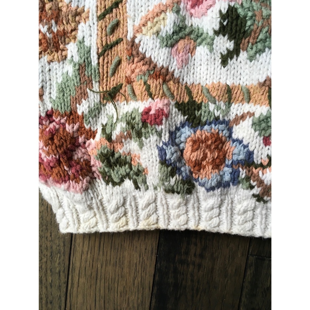 Cristal-Kobe Vintage Floral Tapestry Chunky Knit Sweater Petite Cream Multi 90s - Picture 8 of 14